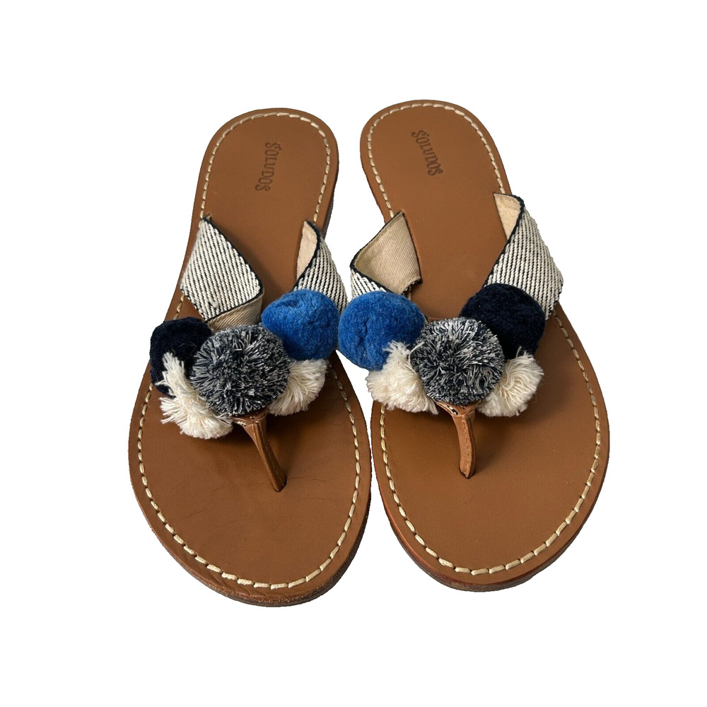 Soludos Women's Brown & Cream Capri Pom Pom Leather Flat Silde Sandals Size 7.5